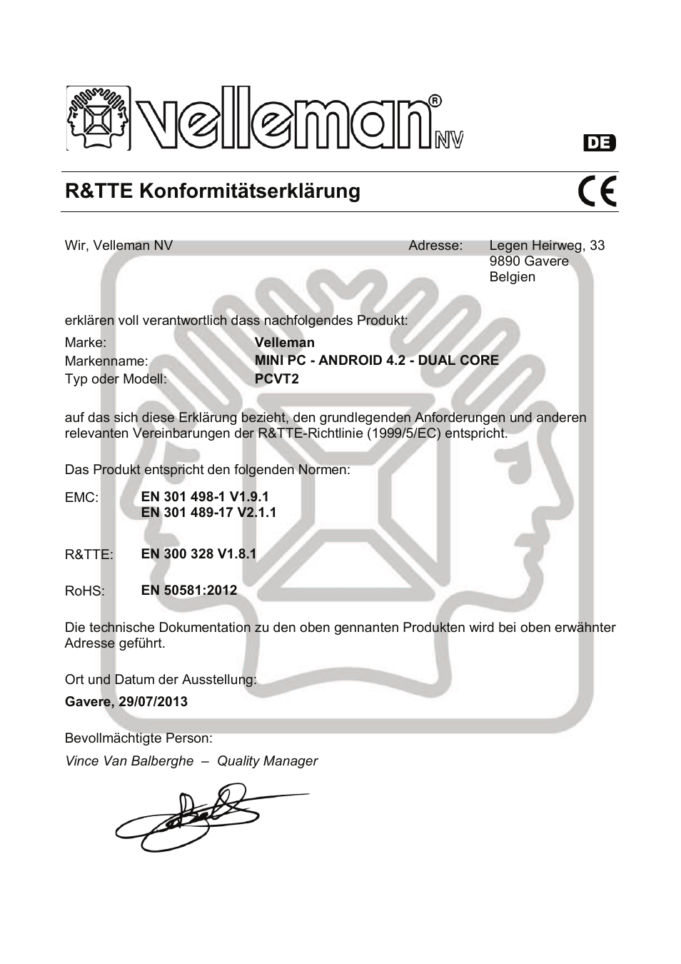 R&tte konformitätserklärung | Velleman PCTV2 User Manual | Page 156 / 164