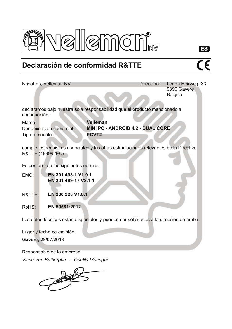 Declaración de conformidad r&tte | Velleman PCTV2 User Manual | Page 157 / 164