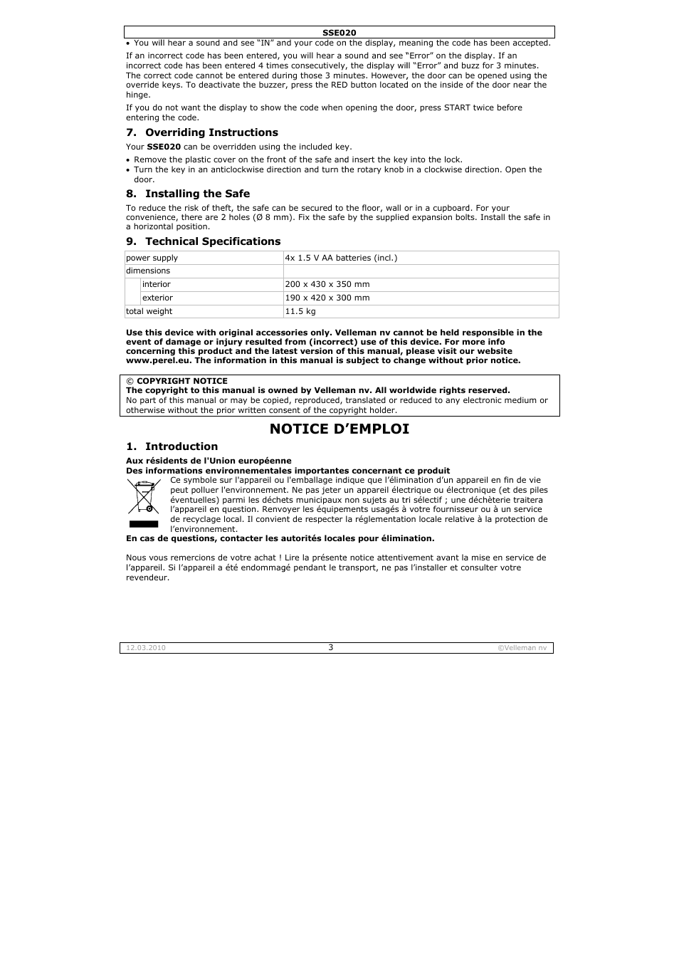 Otice d, Emploi | Velleman SSE020 User Manual | Page 3 / 14