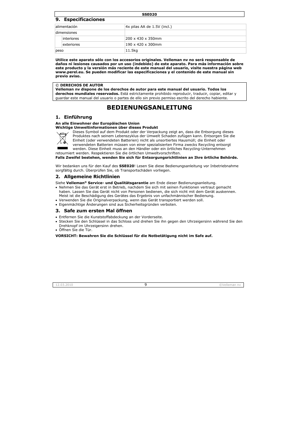 Bedie, Enungs, Anleitu | Velleman SSE020 User Manual | Page 9 / 14