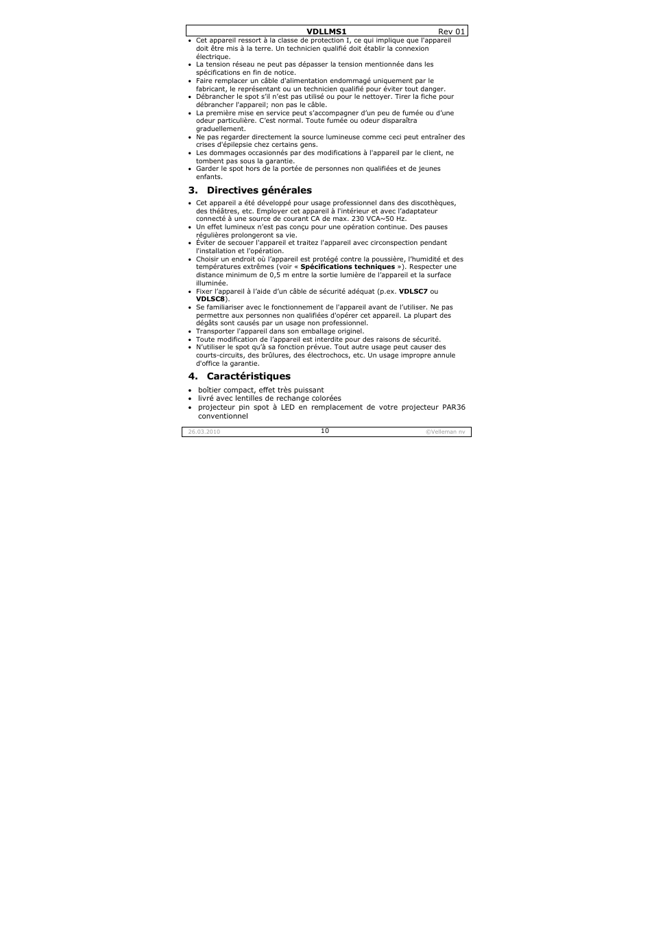 Directives générales, Caractéristiques | Velleman VDLLMS1 User Manual | Page 10 / 23