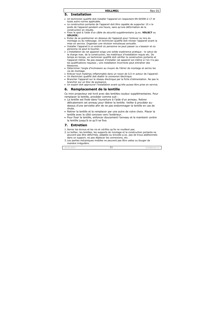 Installation, Remplacement de la lentille, Entretien | Velleman VDLLMS1 User Manual | Page 11 / 23