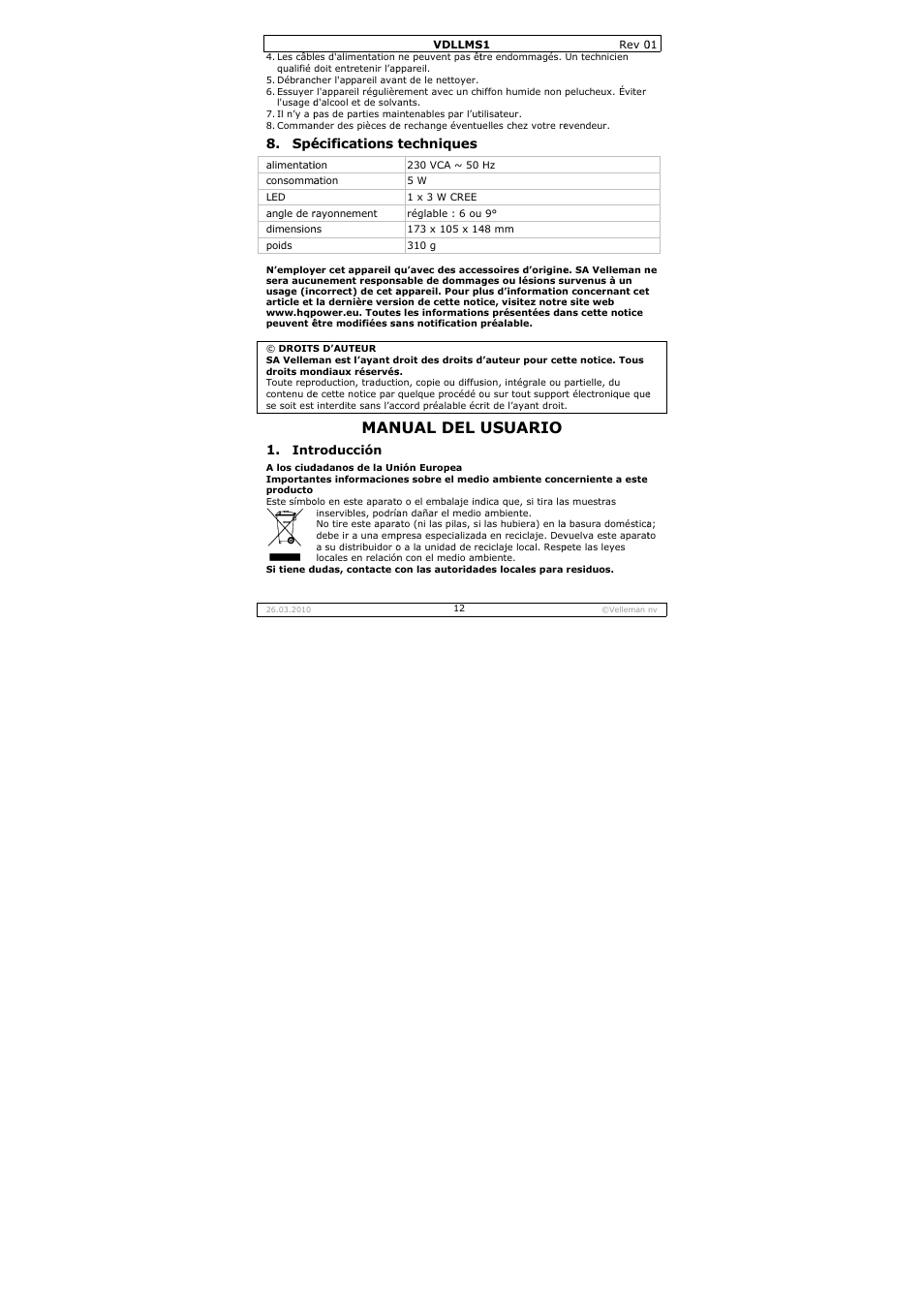 Nual del, Usuario, Écifications | Techniques | Velleman VDLLMS1 User Manual | Page 12 / 23