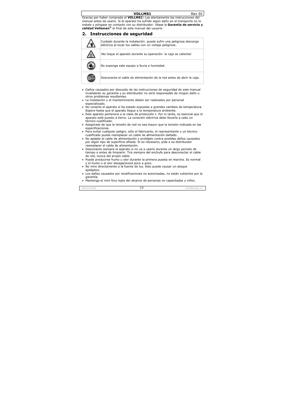 Strucciones, De segurida | Velleman VDLLMS1 User Manual | Page 13 / 23