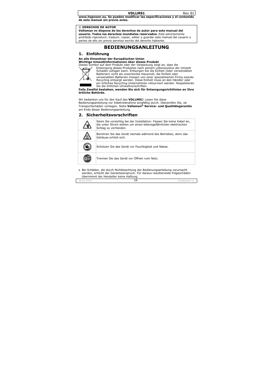 Bedie, Enungsa, Nleitung | Herheitsvor, Rschriften | Velleman VDLLMS1 User Manual | Page 16 / 23