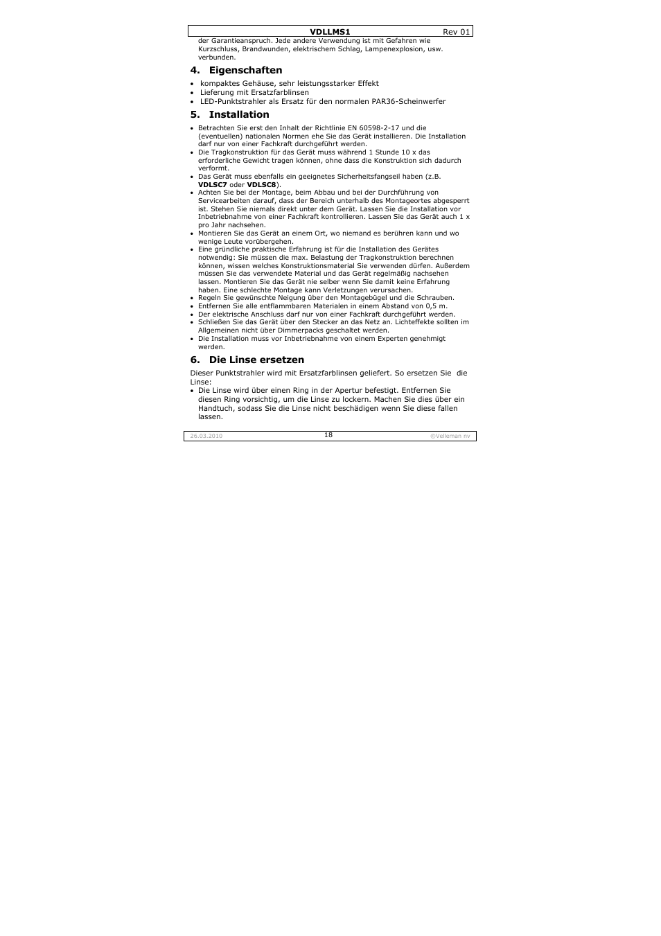 Eigenschaften, Installation, Die linse ersetzen | Velleman VDLLMS1 User Manual | Page 18 / 23