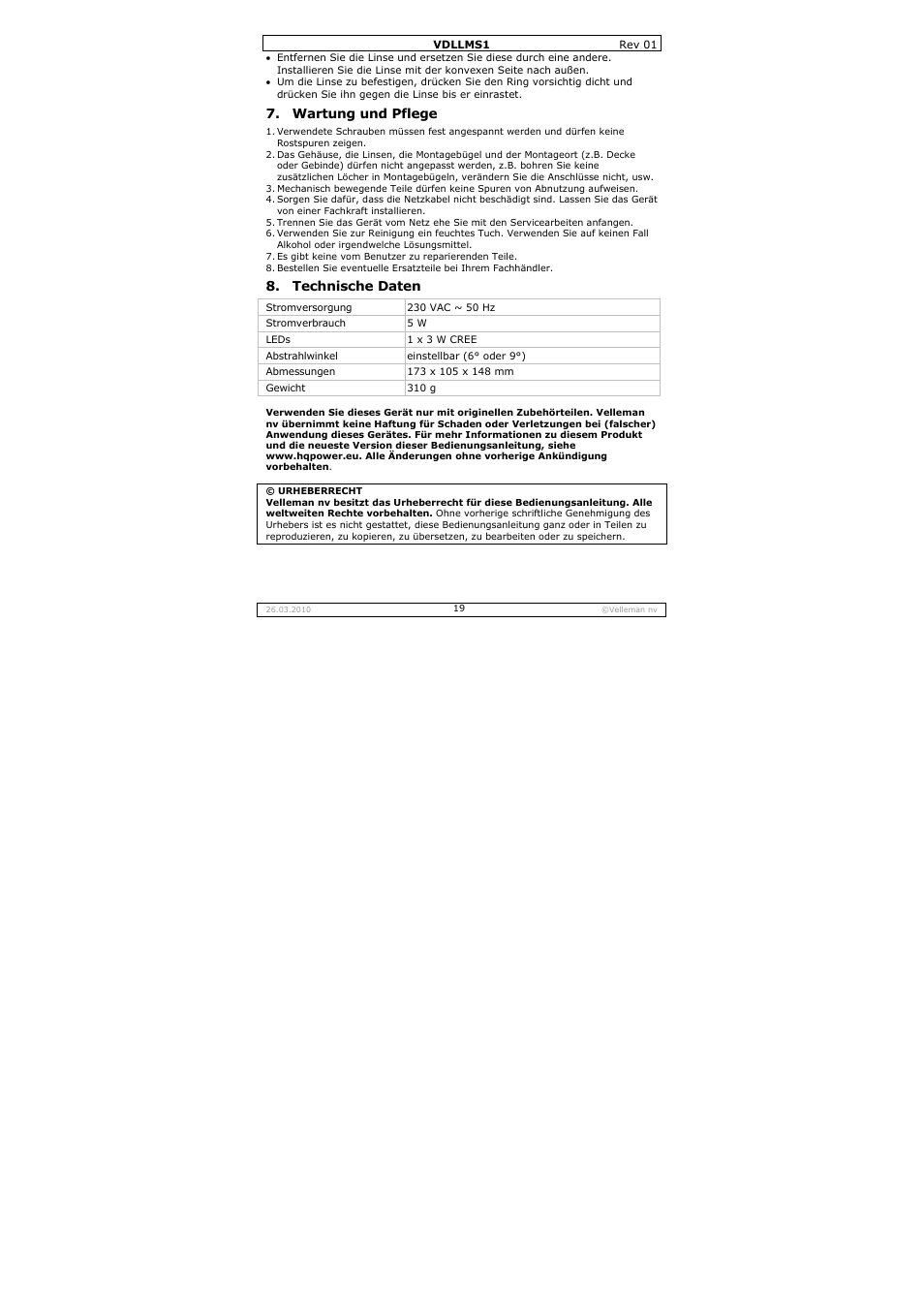 Wartung und pflege, Technische daten | Velleman VDLLMS1 User Manual | Page 19 / 23
