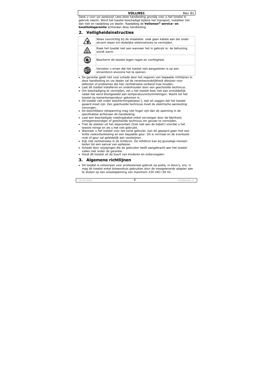 Iligheidsinst, Gemene richt, Tructies | Tlijnen | Velleman VDLLMS1 User Manual | Page 6 / 23