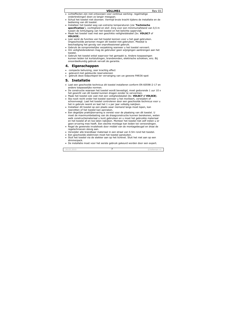 Eigenschappen, Installatie | Velleman VDLLMS1 User Manual | Page 7 / 23