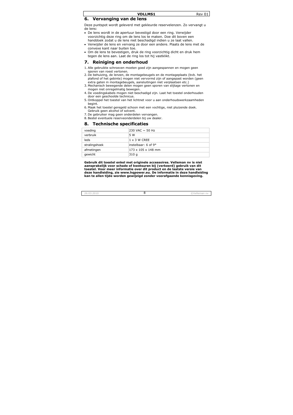 Vervanging van de lens, Reiniging en onderhoud, Technische specificaties | Velleman VDLLMS1 User Manual | Page 8 / 23