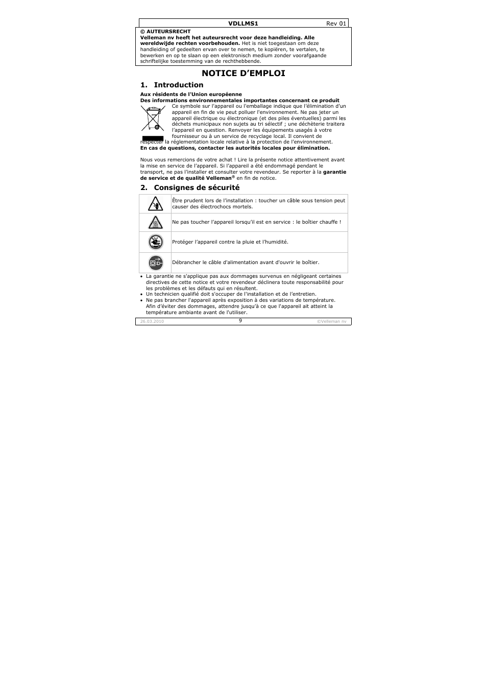 Otice d’e, Emploi, Troduction | Nsignes de s, Sécurité | Velleman VDLLMS1 User Manual | Page 9 / 23