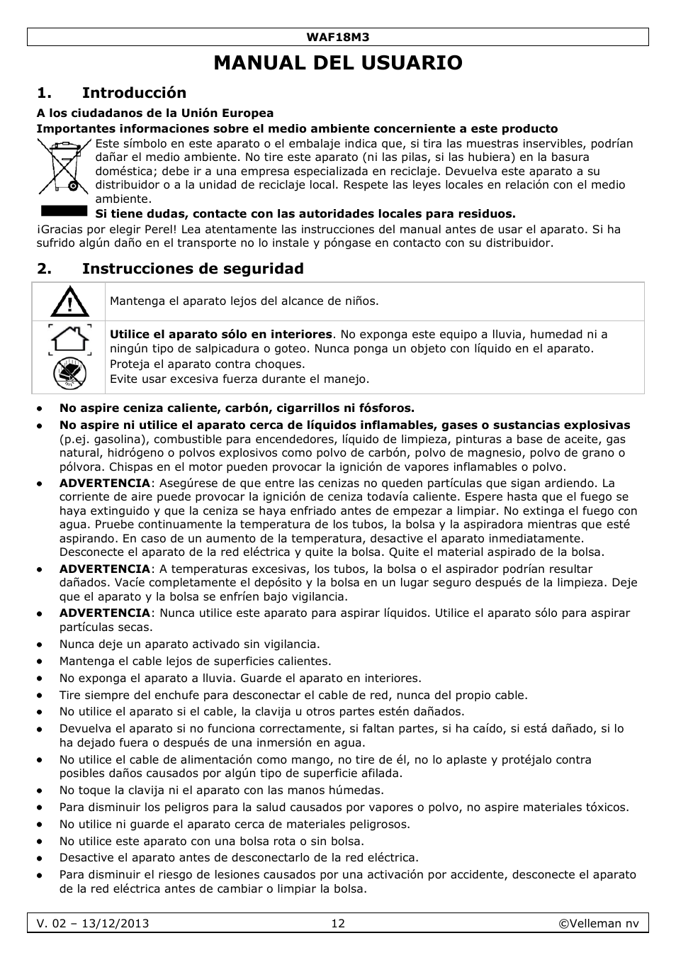 Manual del usuario, Introducción, Instrucciones de seguridad | Velleman WAF18M3 User Manual | Page 12 / 22
