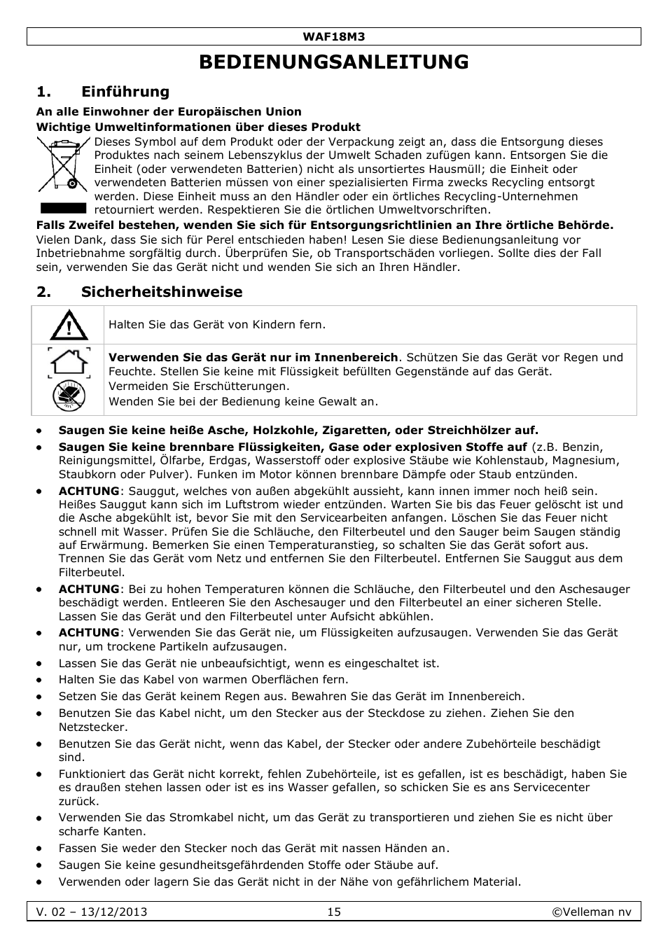 Bedienungsanleitung, Einführung, Sicherheitshinweise | Velleman WAF18M3 User Manual | Page 15 / 22
