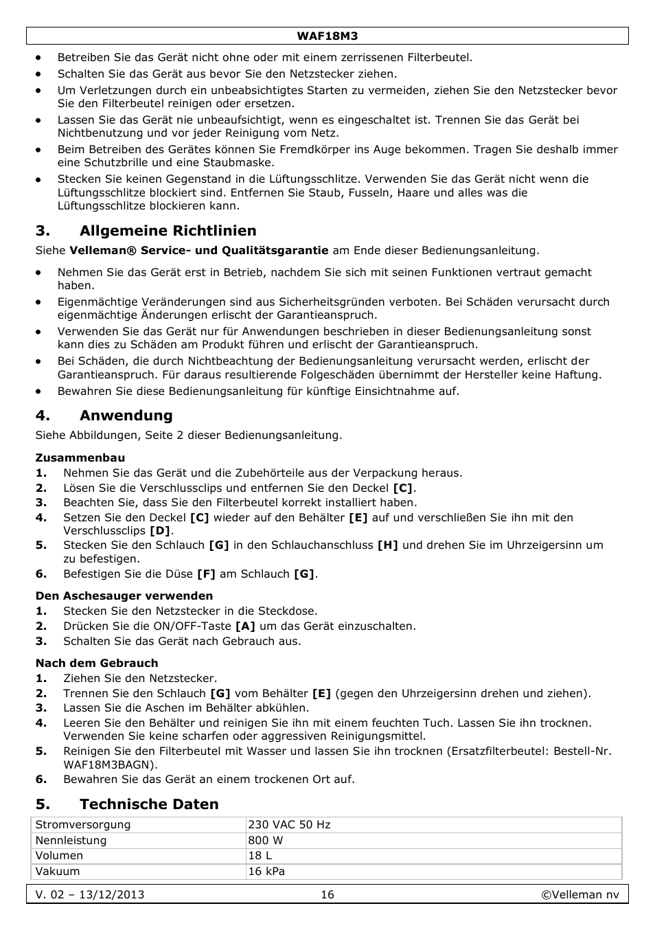 Allgemeine richtlinien, Anwendung, Zusammenbau | Den aschesauger verwenden, Nach dem gebrauch, Technische daten | Velleman WAF18M3 User Manual | Page 16 / 22