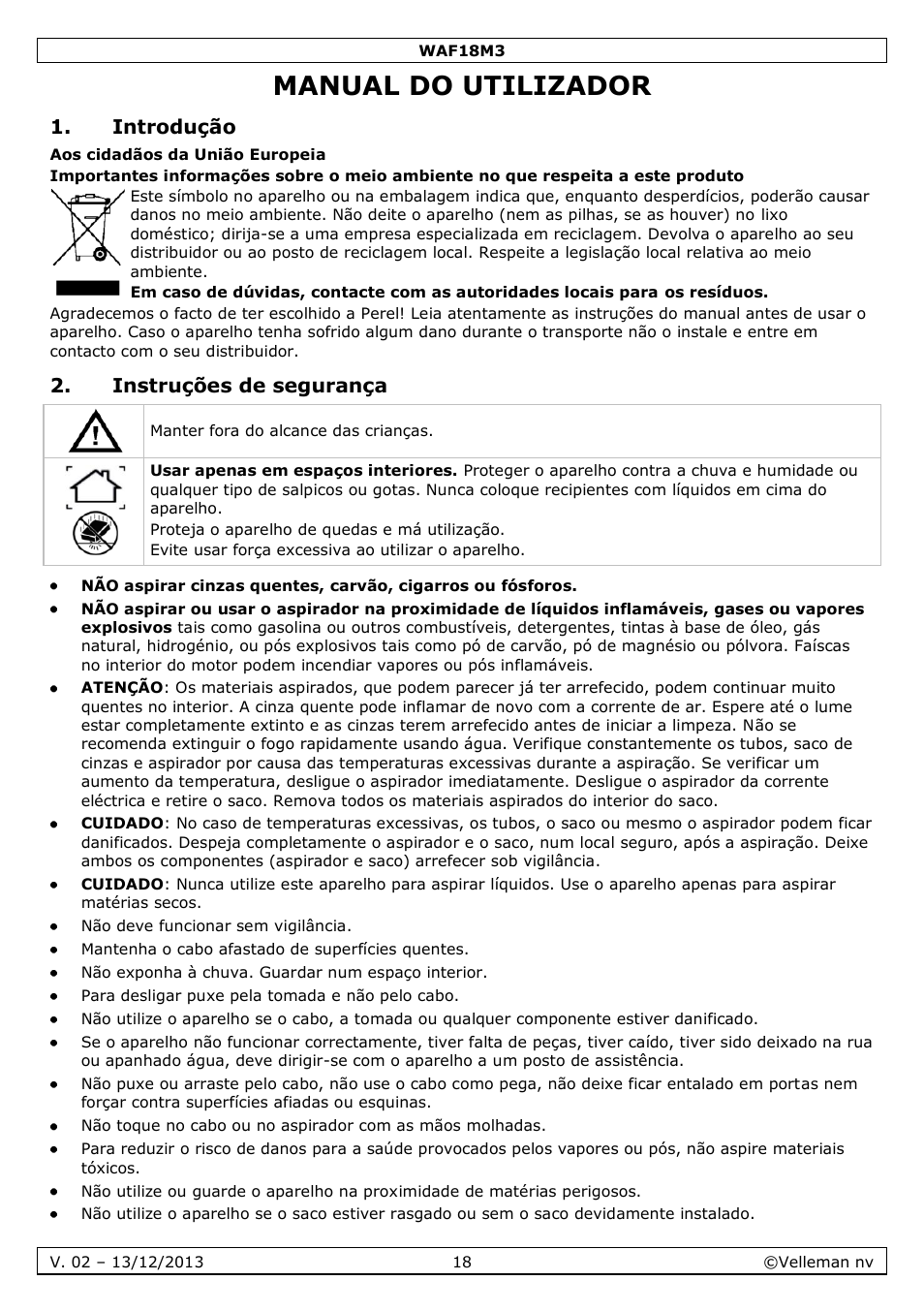 Manual do utilizador, Introdução, Instruções de segurança | Velleman WAF18M3 User Manual | Page 18 / 22
