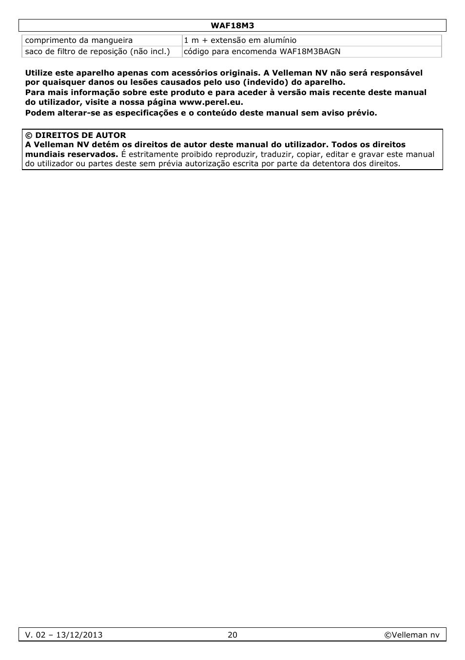 Velleman WAF18M3 User Manual | Page 20 / 22