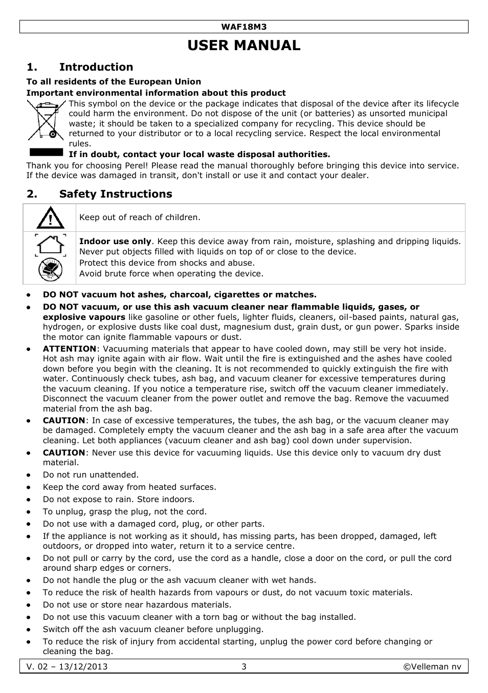 User manual, Introduction, Safety instructions | Velleman WAF18M3 User Manual | Page 3 / 22