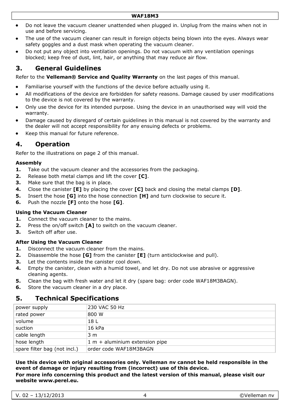 General guidelines, Operation, Assembly | Using the vacuum cleaner, After using the vacuum cleaner, Technical specifications | Velleman WAF18M3 User Manual | Page 4 / 22