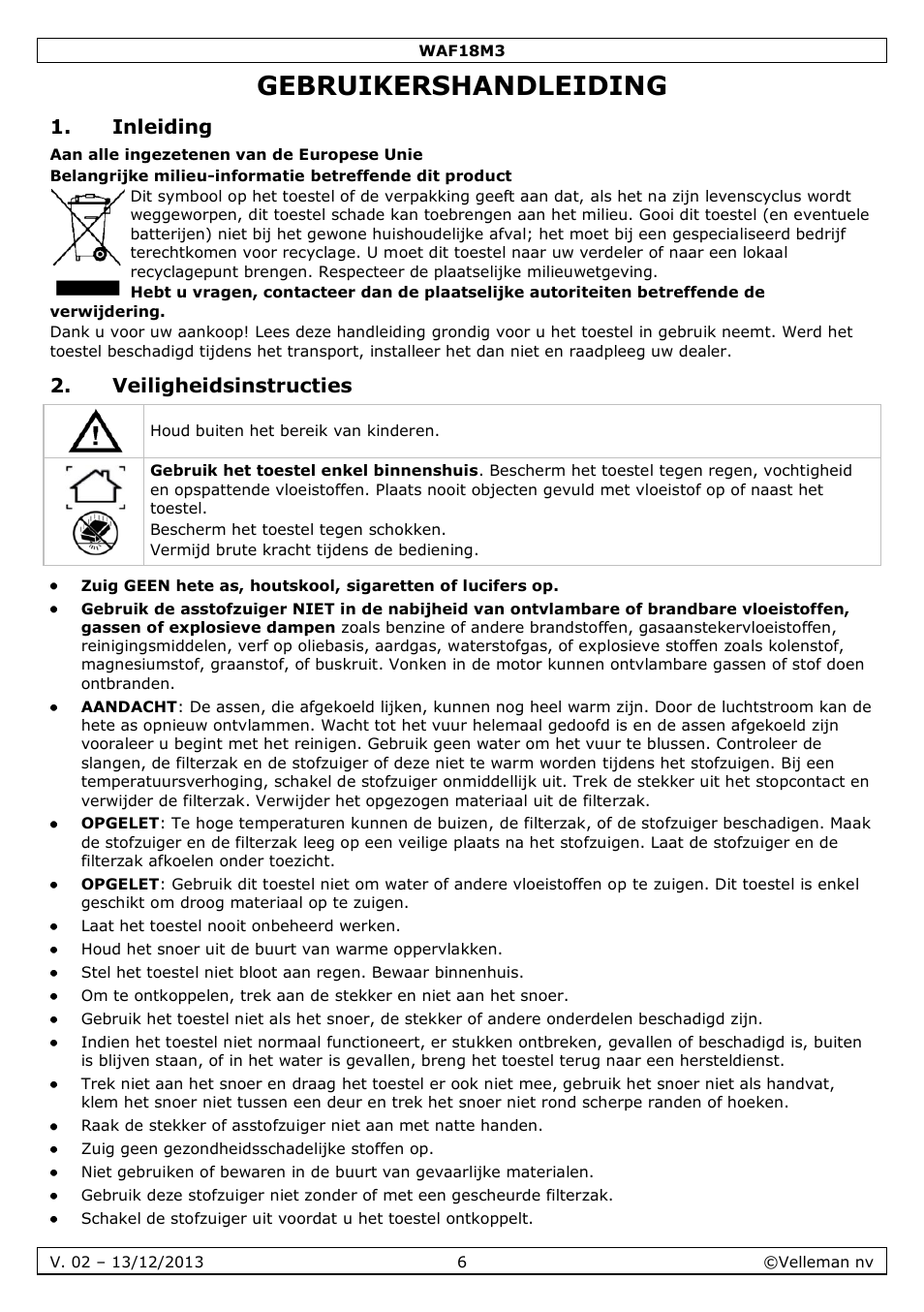 Gebruikershandleiding, Inleiding, Veiligheidsinstructies | Velleman WAF18M3 User Manual | Page 6 / 22