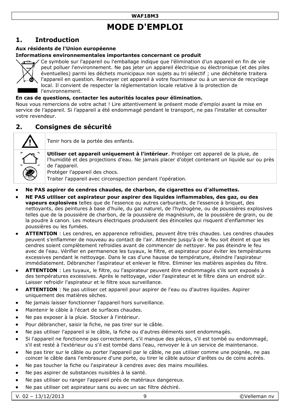 Mode d'emploi, Introduction, Consignes de sécurité | Velleman WAF18M3 User Manual | Page 9 / 22