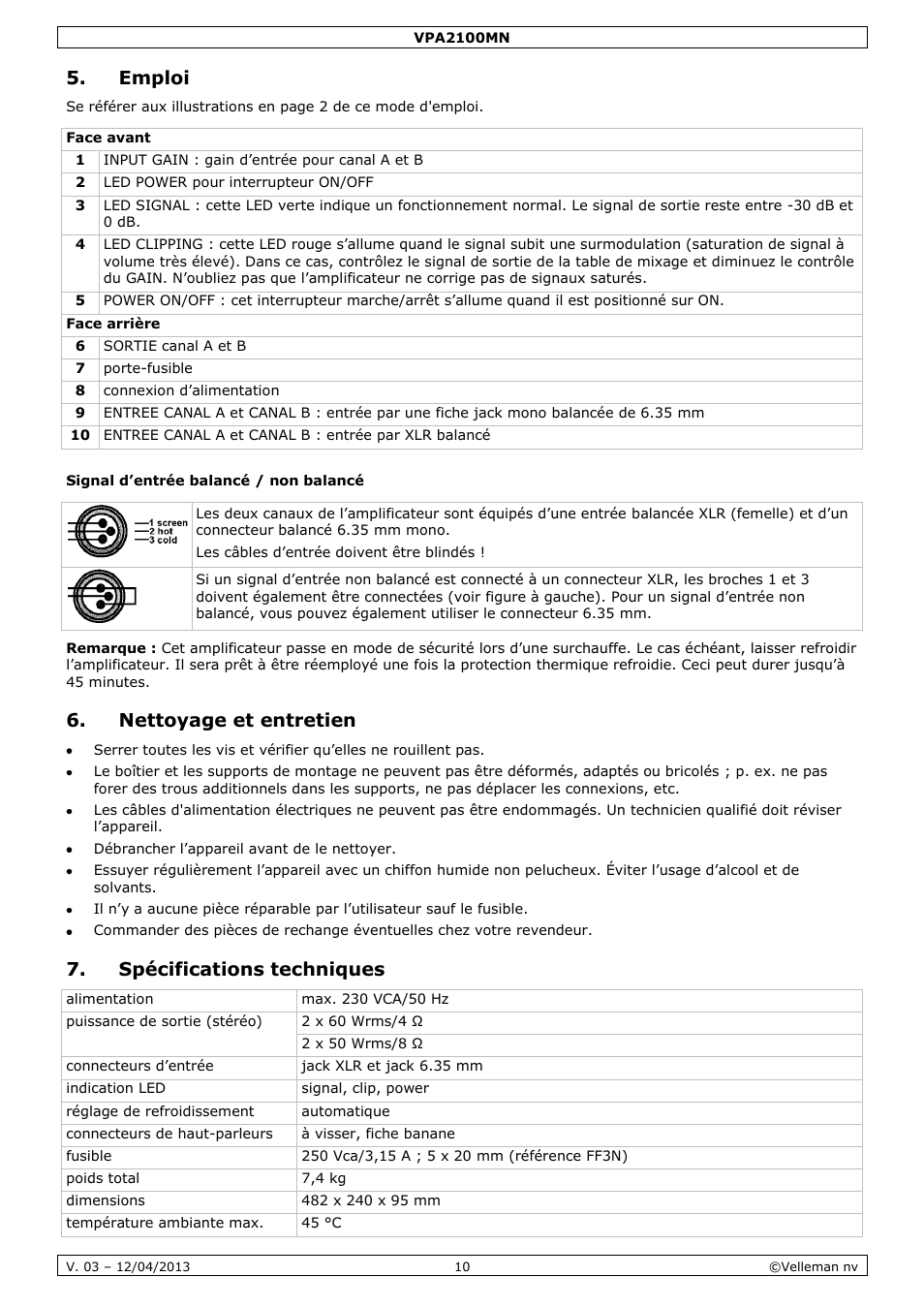 Emploi, Signal d’entrée balancé / non balancé, Nettoyage et entretien | Spécifications techniques | Velleman VPA2100MN User Manual | Page 10 / 18