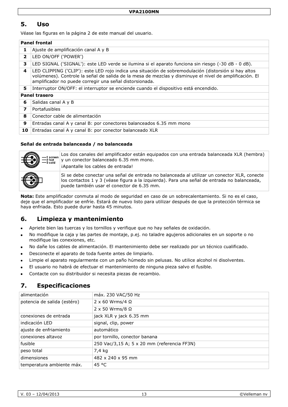 Señal de entrada balanceada / no balanceada, Limpieza y mantenimiento, Especificaciones | Velleman VPA2100MN User Manual | Page 13 / 18