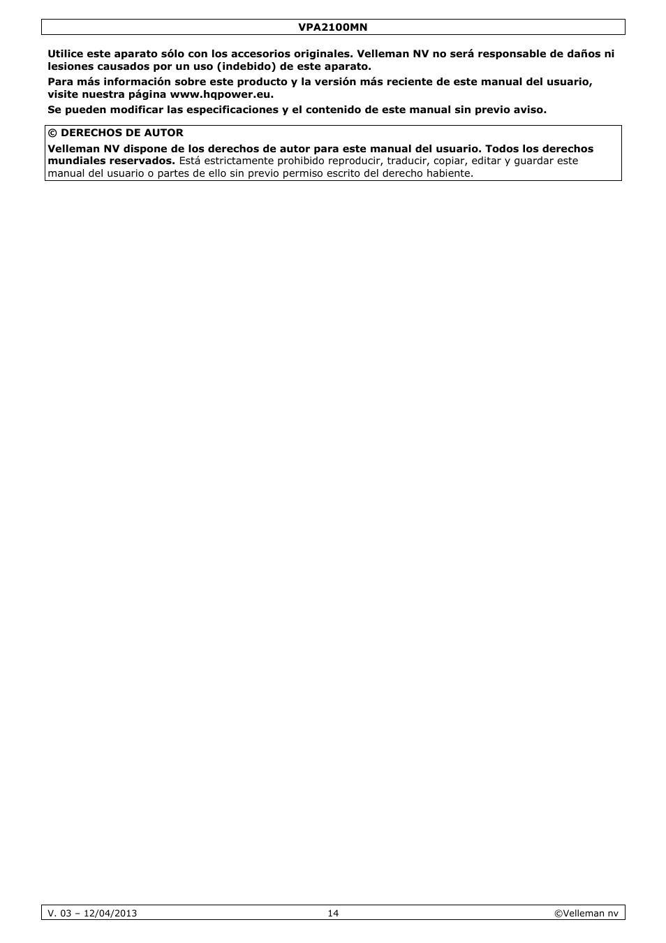 Velleman VPA2100MN User Manual | Page 14 / 18