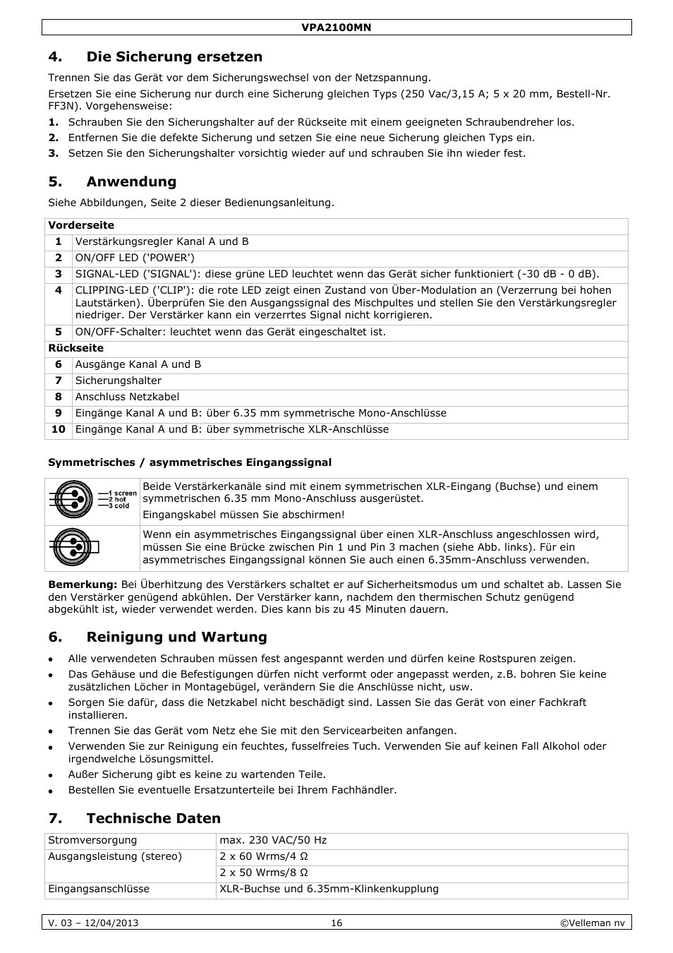 Die sicherung ersetzen, Anwendung, Symmetrisches / asymmetrisches eingangssignal | Reinigung und wartung, Technische daten | Velleman VPA2100MN User Manual | Page 16 / 18