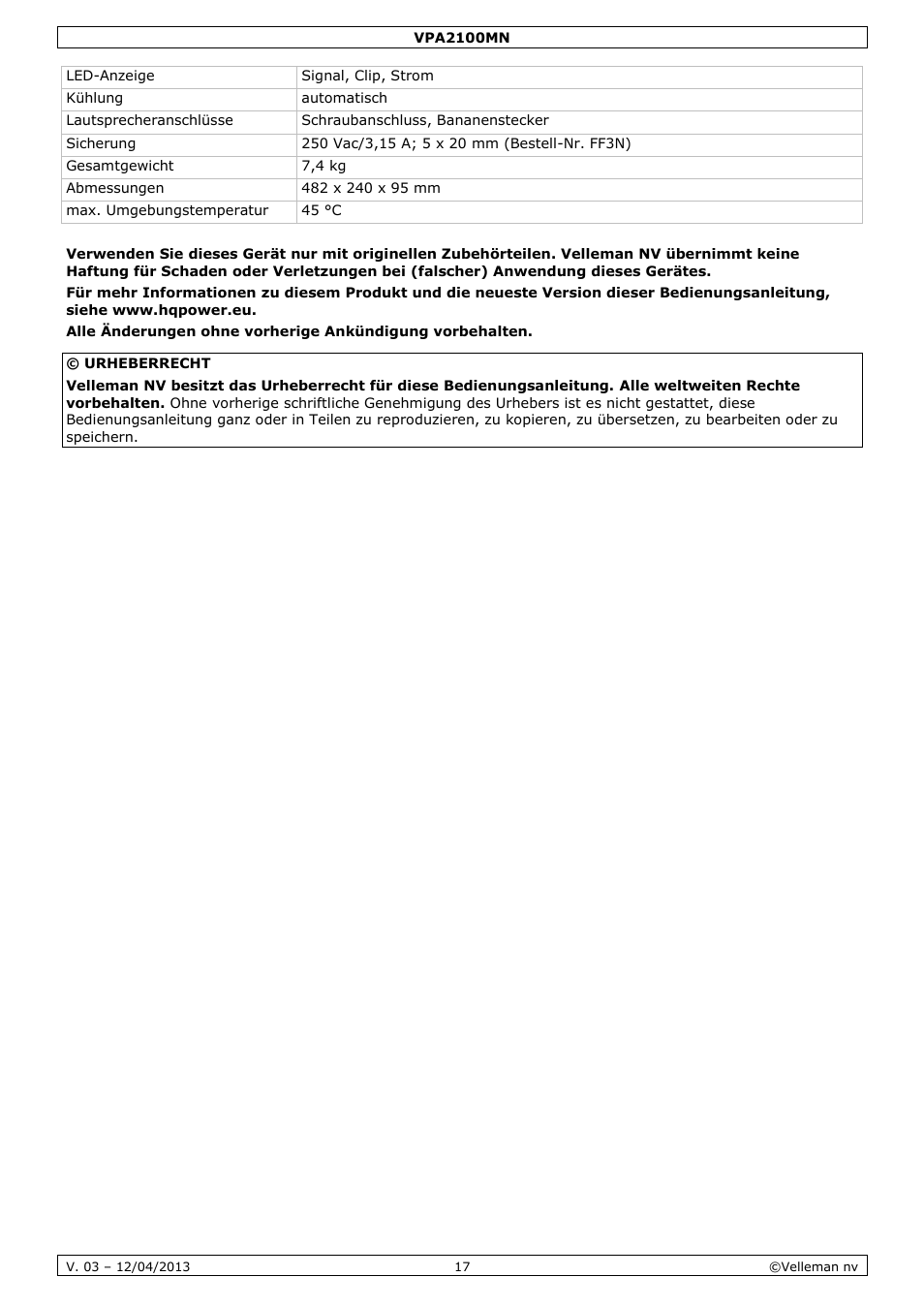 Velleman VPA2100MN User Manual | Page 17 / 18