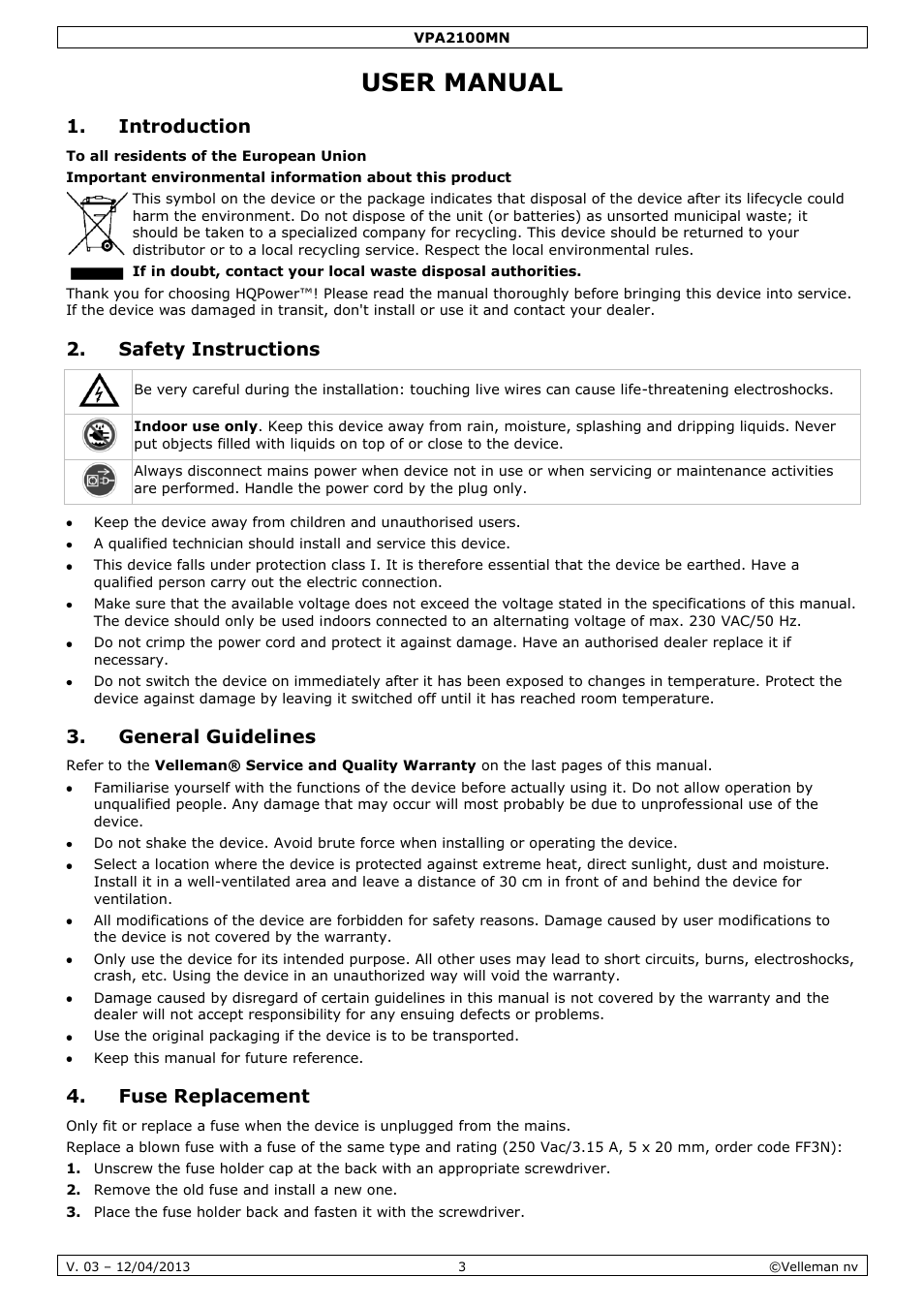 User manual, Introduction, Safety instructions | General guidelines, Fuse replacement | Velleman VPA2100MN User Manual | Page 3 / 18