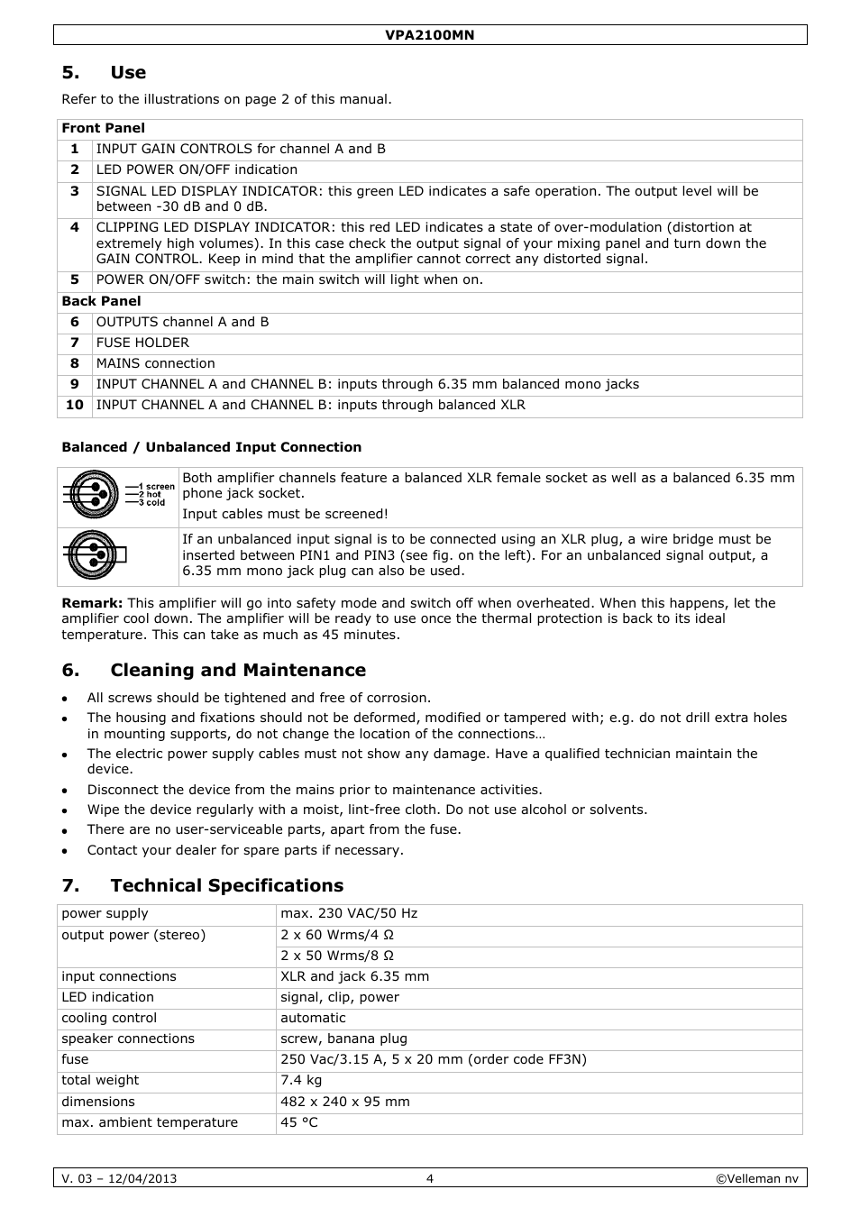 Balanced / unbalanced input connection, Cleaning and maintenance, Technical specifications | Velleman VPA2100MN User Manual | Page 4 / 18