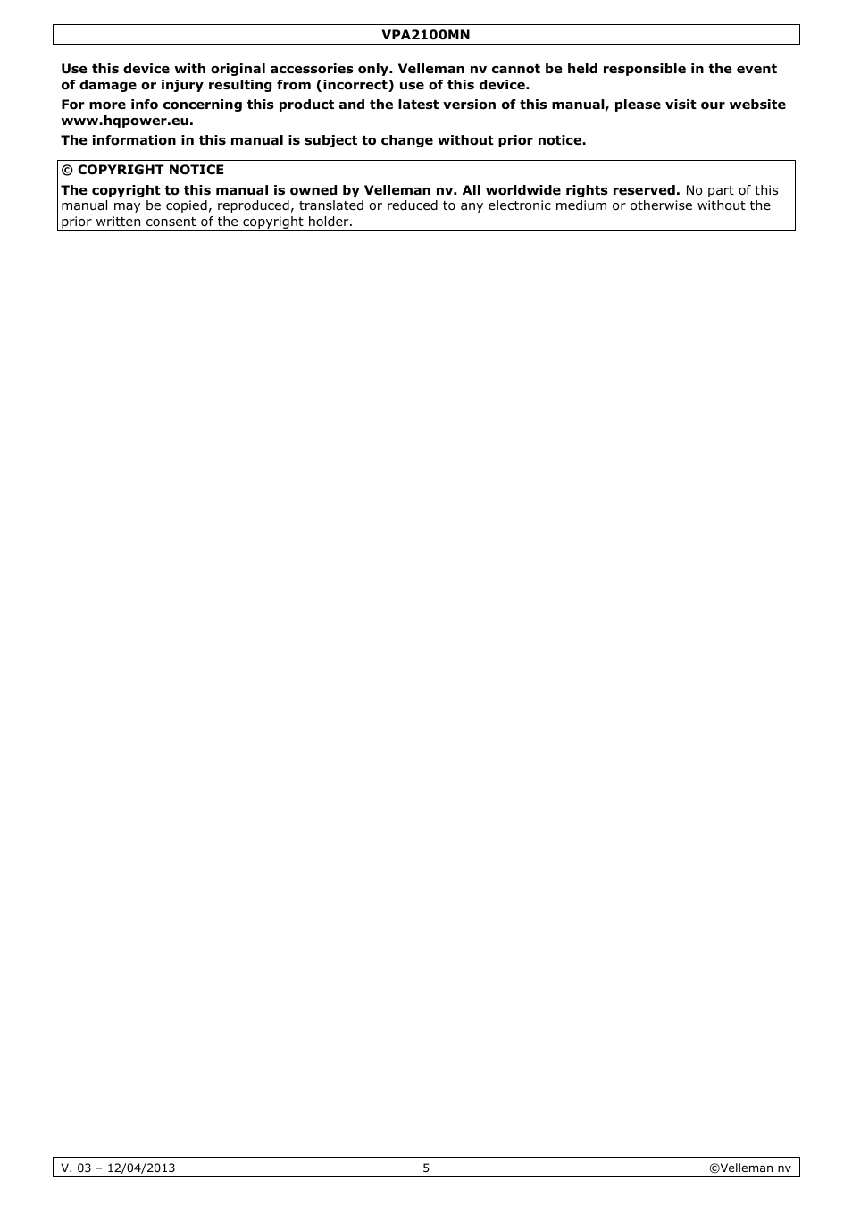 Velleman VPA2100MN User Manual | Page 5 / 18