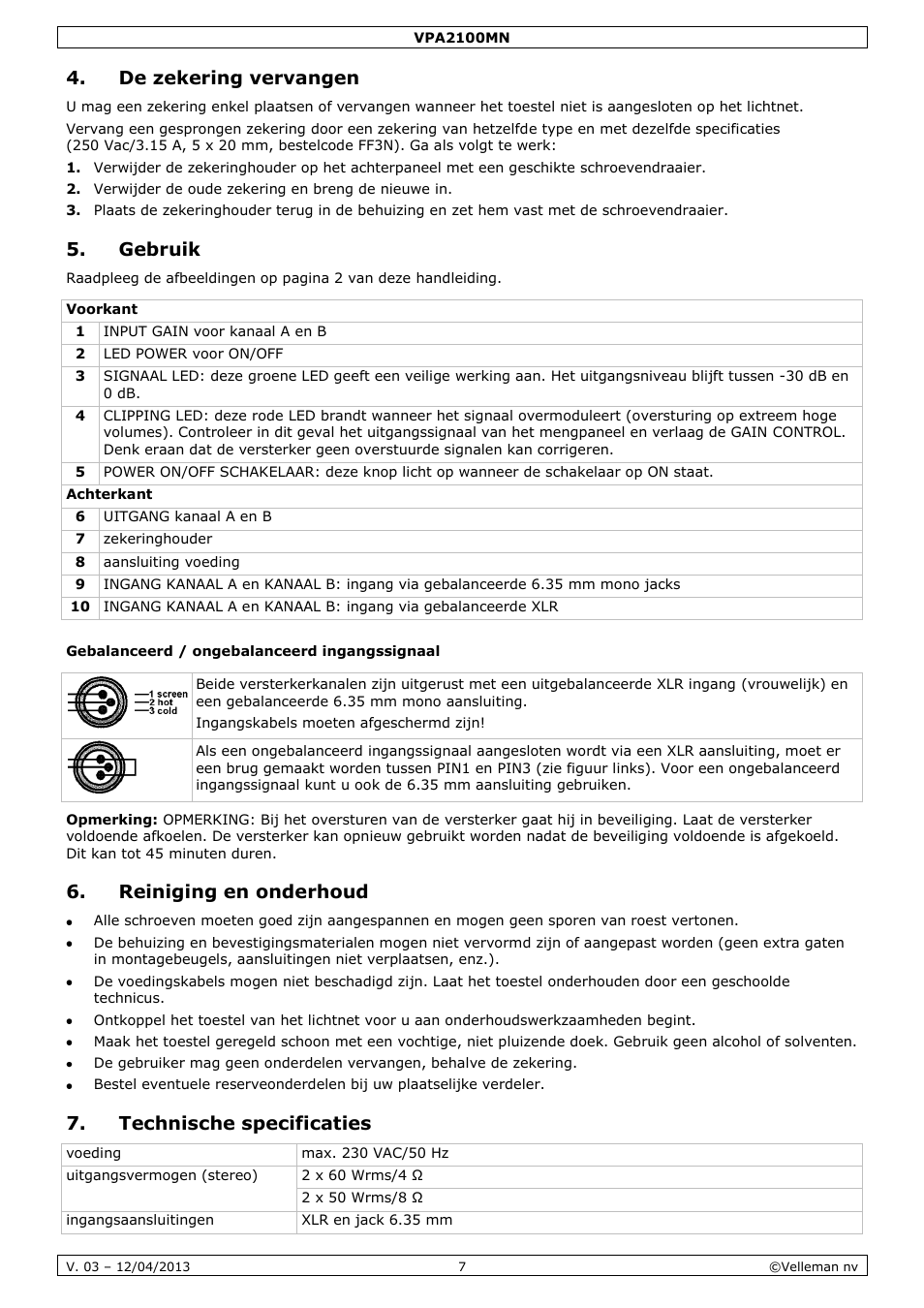 De zekering vervangen, Gebruik, Gebalanceerd / ongebalanceerd ingangssignaal | Reiniging en onderhoud, Technische specificaties | Velleman VPA2100MN User Manual | Page 7 / 18