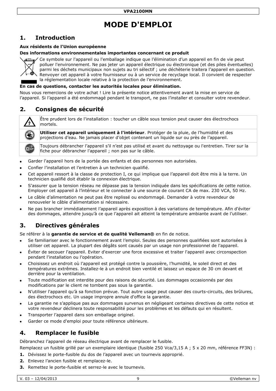 Mode d'emploi, Introduction, Consignes de sécurité | Directives générales, Remplacer le fusible | Velleman VPA2100MN User Manual | Page 9 / 18