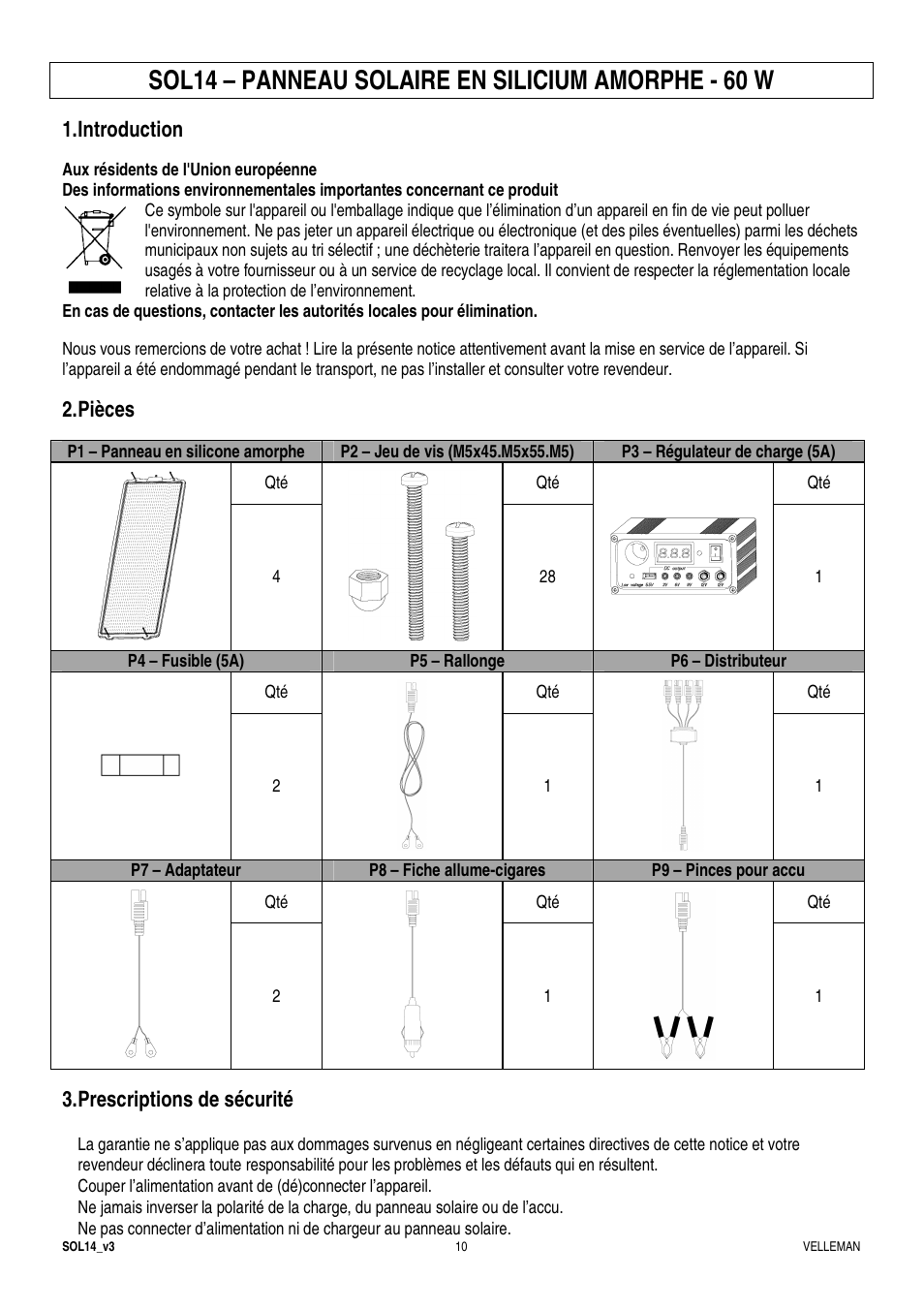 Sol14 – panneau solaire en silicium amorphe - 60 w, Introduction, Pièces | Prescriptions de sécurité | Velleman SOL14 User Manual | Page 10 / 24