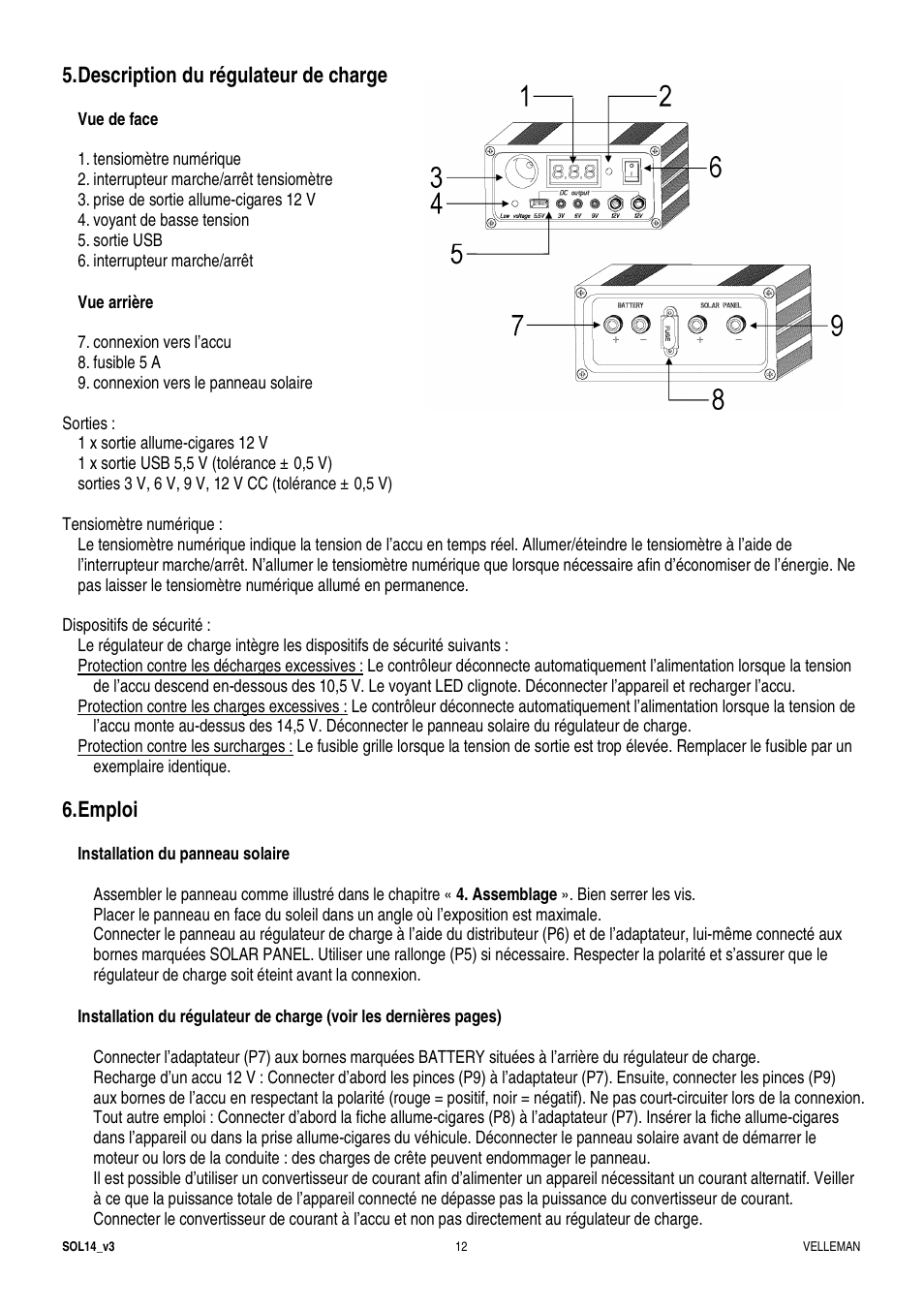 Description du régulateur de charge, Emploi | Velleman SOL14 User Manual | Page 12 / 24