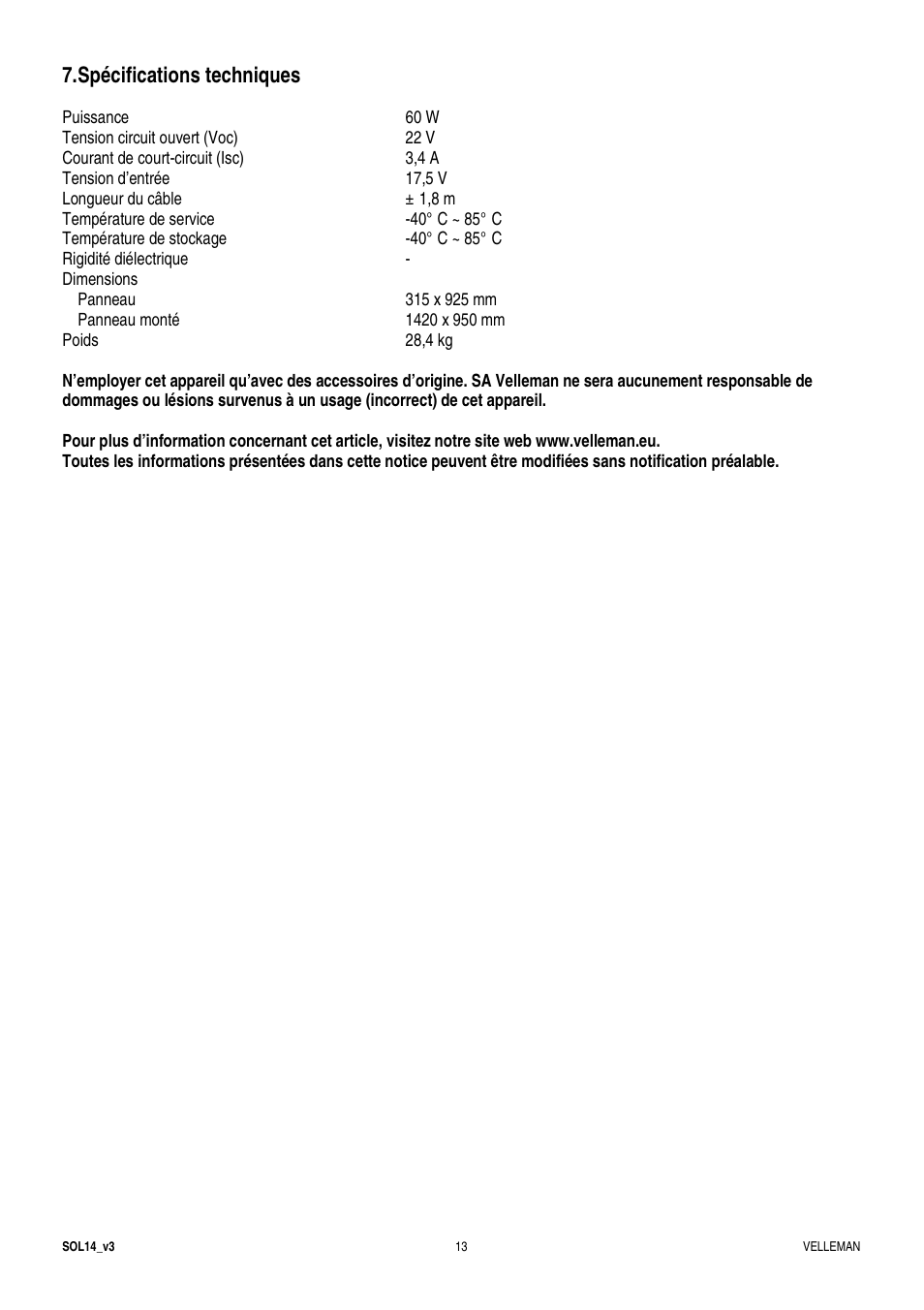 Spécifications techniques | Velleman SOL14 User Manual | Page 13 / 24