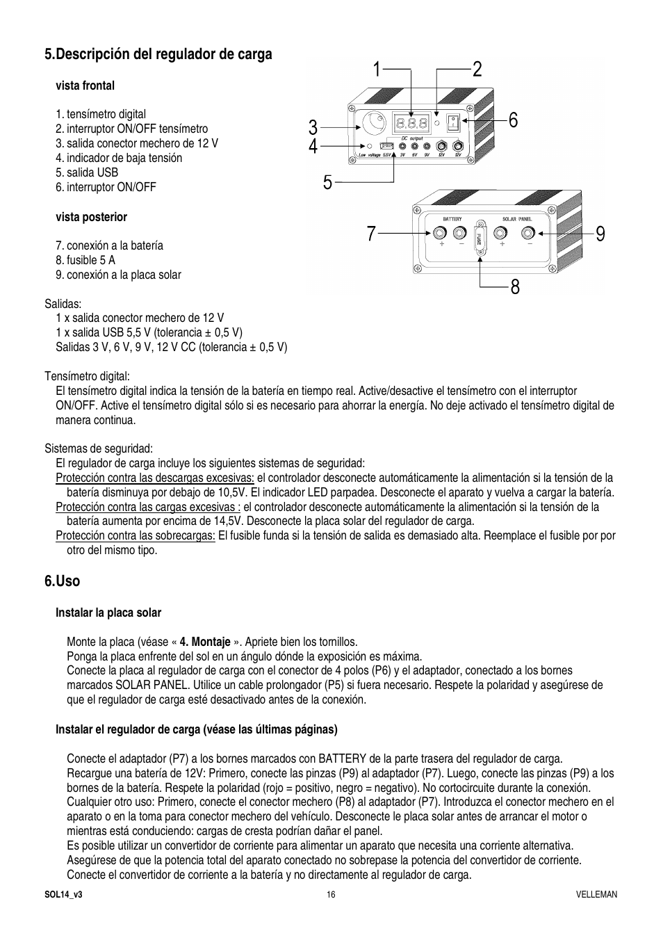 Descripción del regulador de carga | Velleman SOL14 User Manual | Page 16 / 24