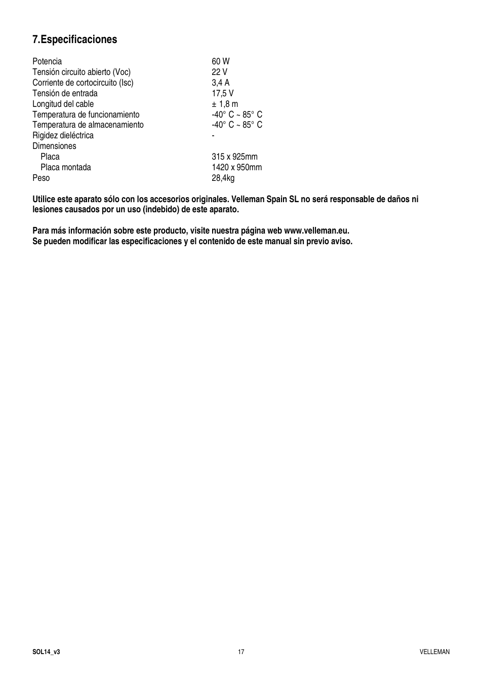 Especificaciones | Velleman SOL14 User Manual | Page 17 / 24