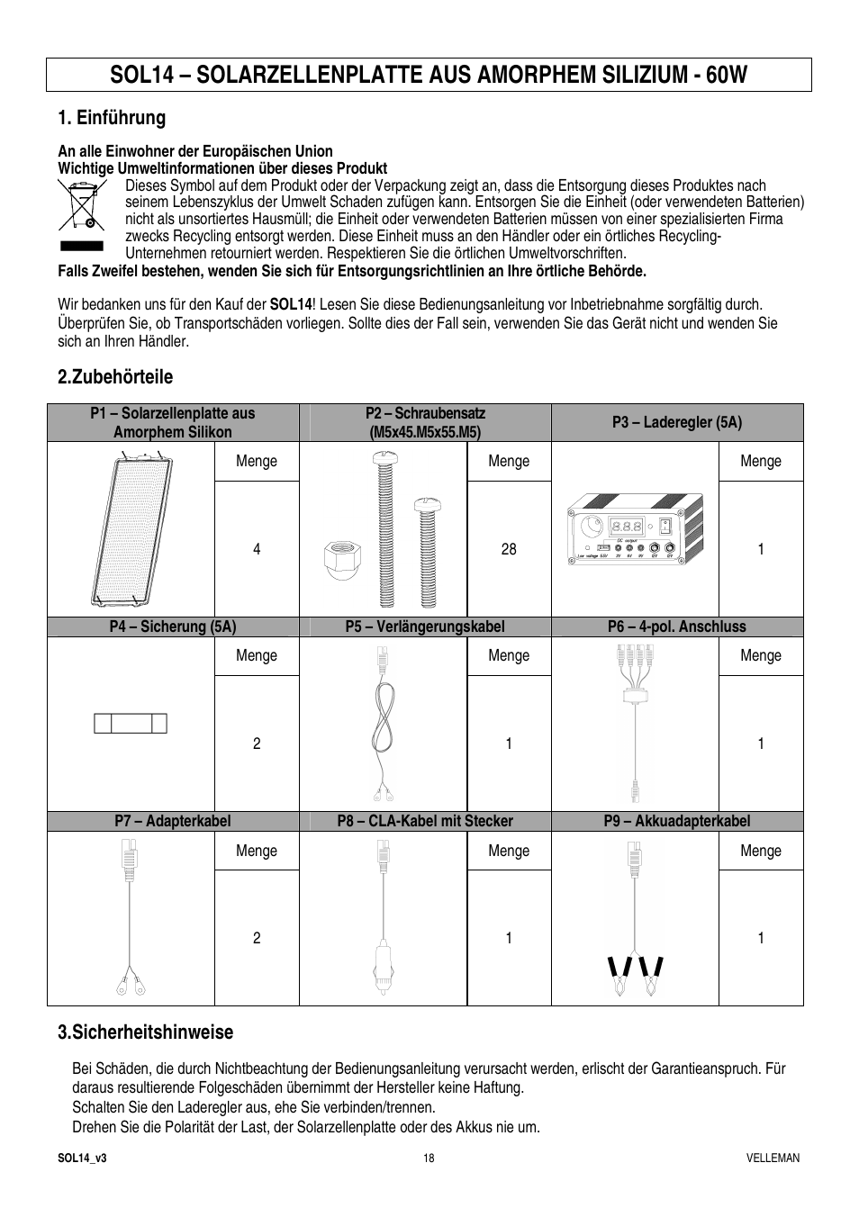 Einführung, Zubehörteile, Sicherheitshinweise | Velleman SOL14 User Manual | Page 18 / 24