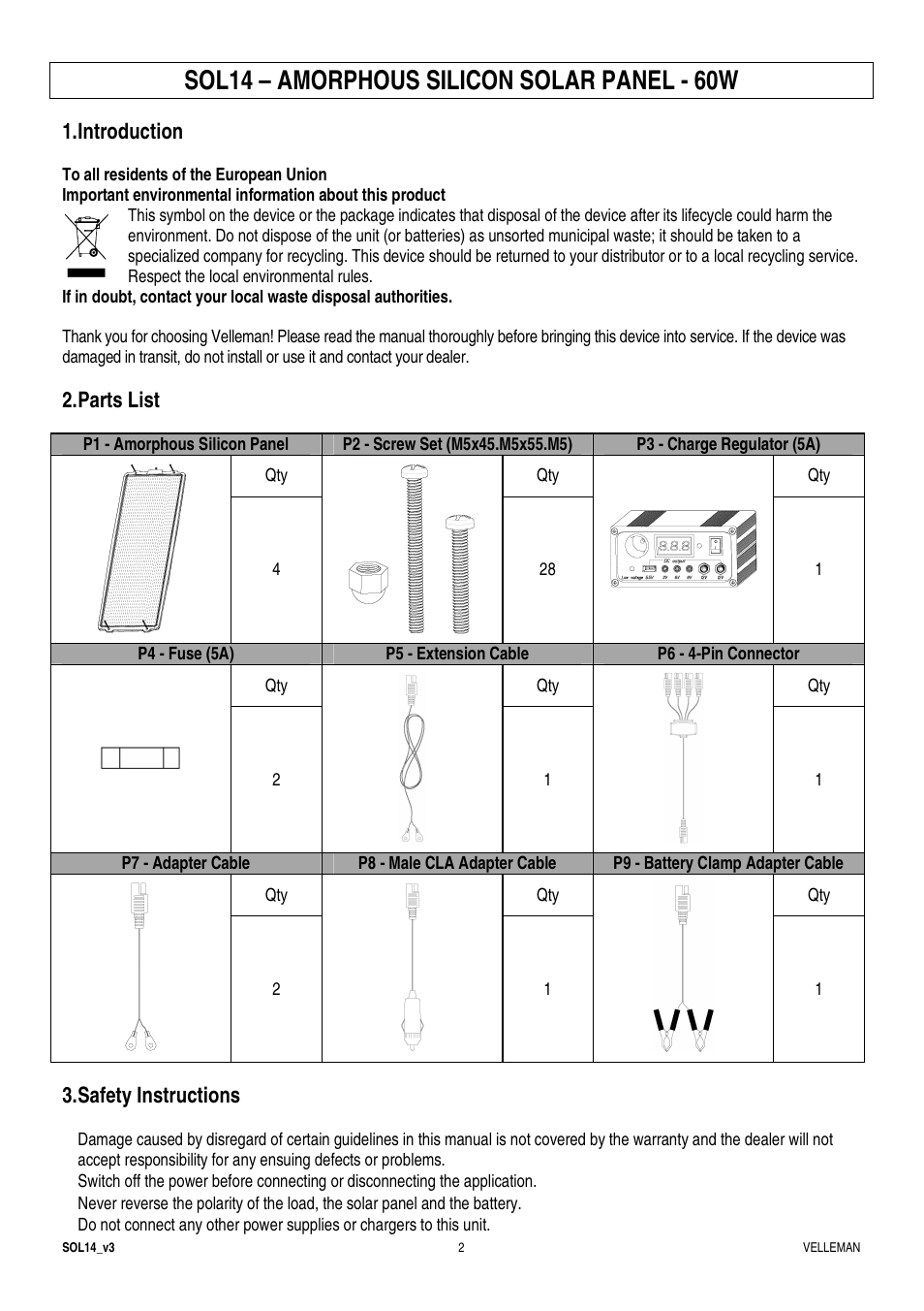 Sol14 – amorphous silicon solar panel - 60w, Introduction, Parts list | Safety instructions | Velleman SOL14 User Manual | Page 2 / 24