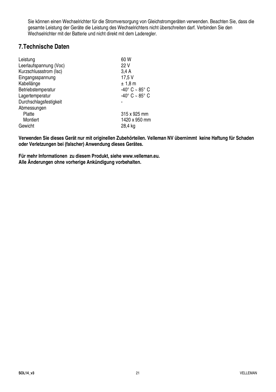 Technische daten | Velleman SOL14 User Manual | Page 21 / 24