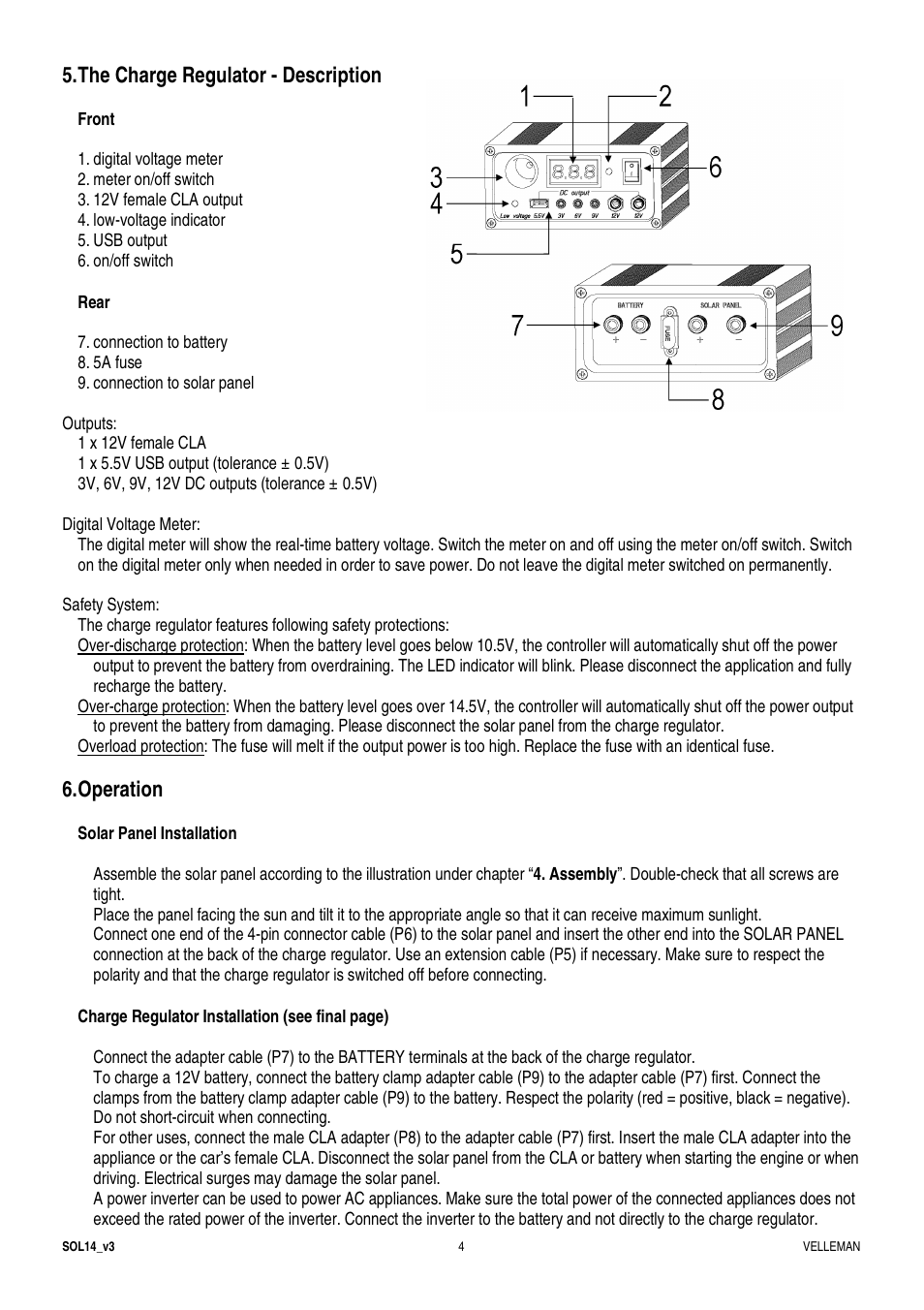 The charge regulator - description, Operation | Velleman SOL14 User Manual | Page 4 / 24