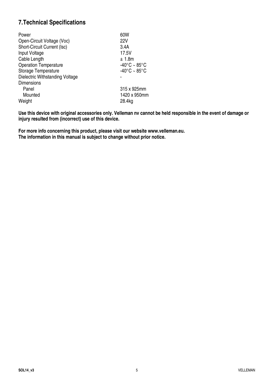 Technical specifications | Velleman SOL14 User Manual | Page 5 / 24