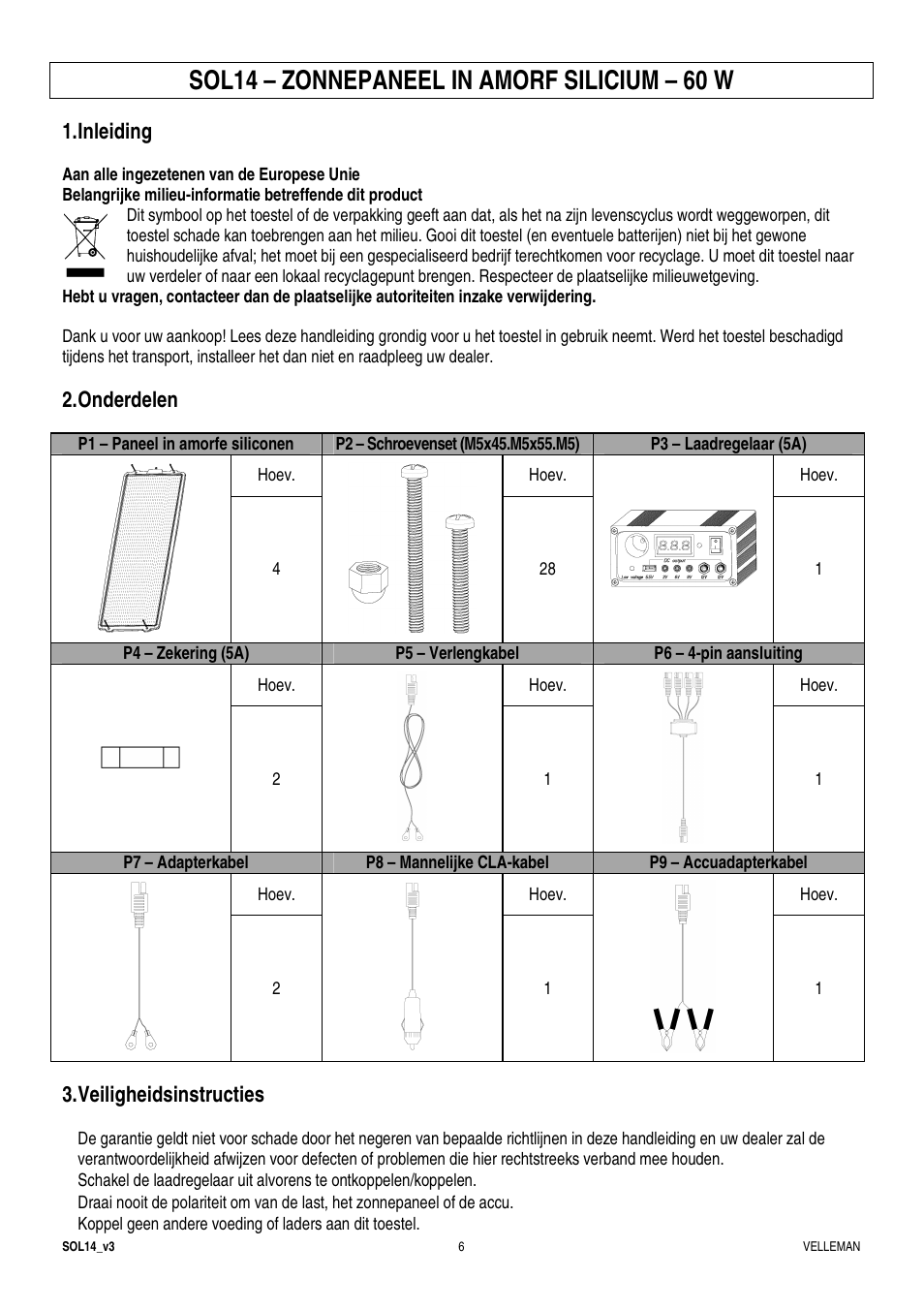 Sol14 – zonnepaneel in amorf silicium – 60 w, Inleiding, Onderdelen | Veiligheidsinstructies | Velleman SOL14 User Manual | Page 6 / 24