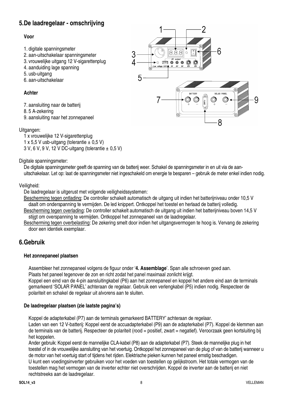 De laadregelaar - omschrijving, Gebruik | Velleman SOL14 User Manual | Page 8 / 24