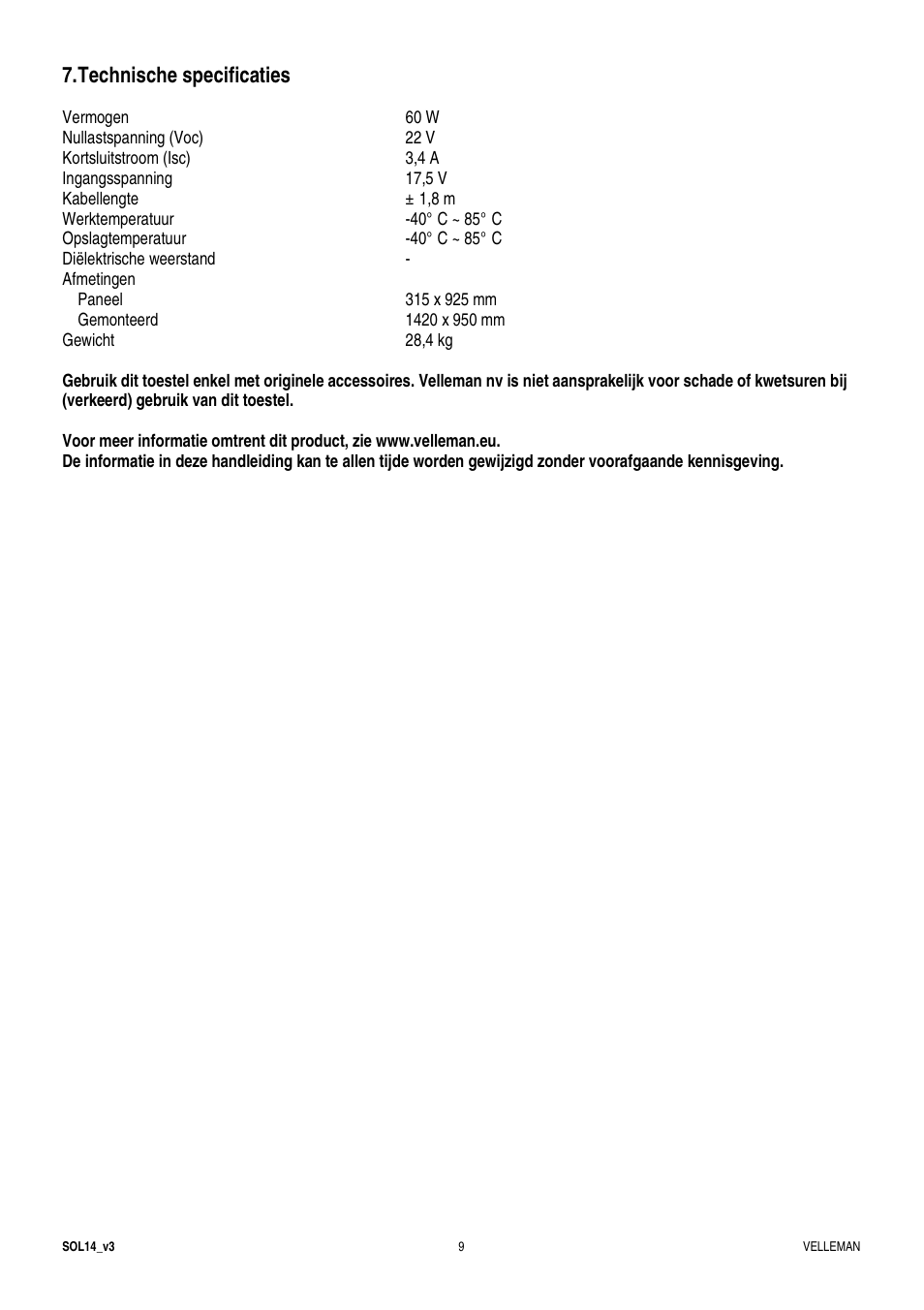 Technische specificaties | Velleman SOL14 User Manual | Page 9 / 24