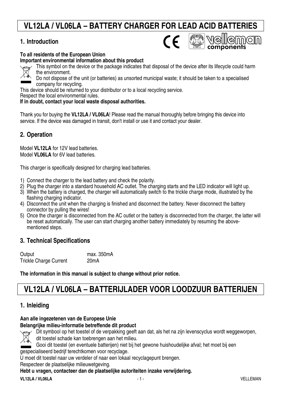 Velleman VL06LA User Manual | 4 pages