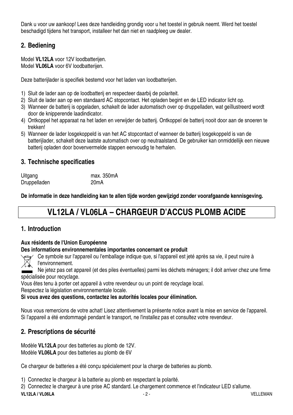 Vl12la / vl06la – chargeur d’accus plomb acide | Velleman VL06LA User Manual | Page 2 / 4