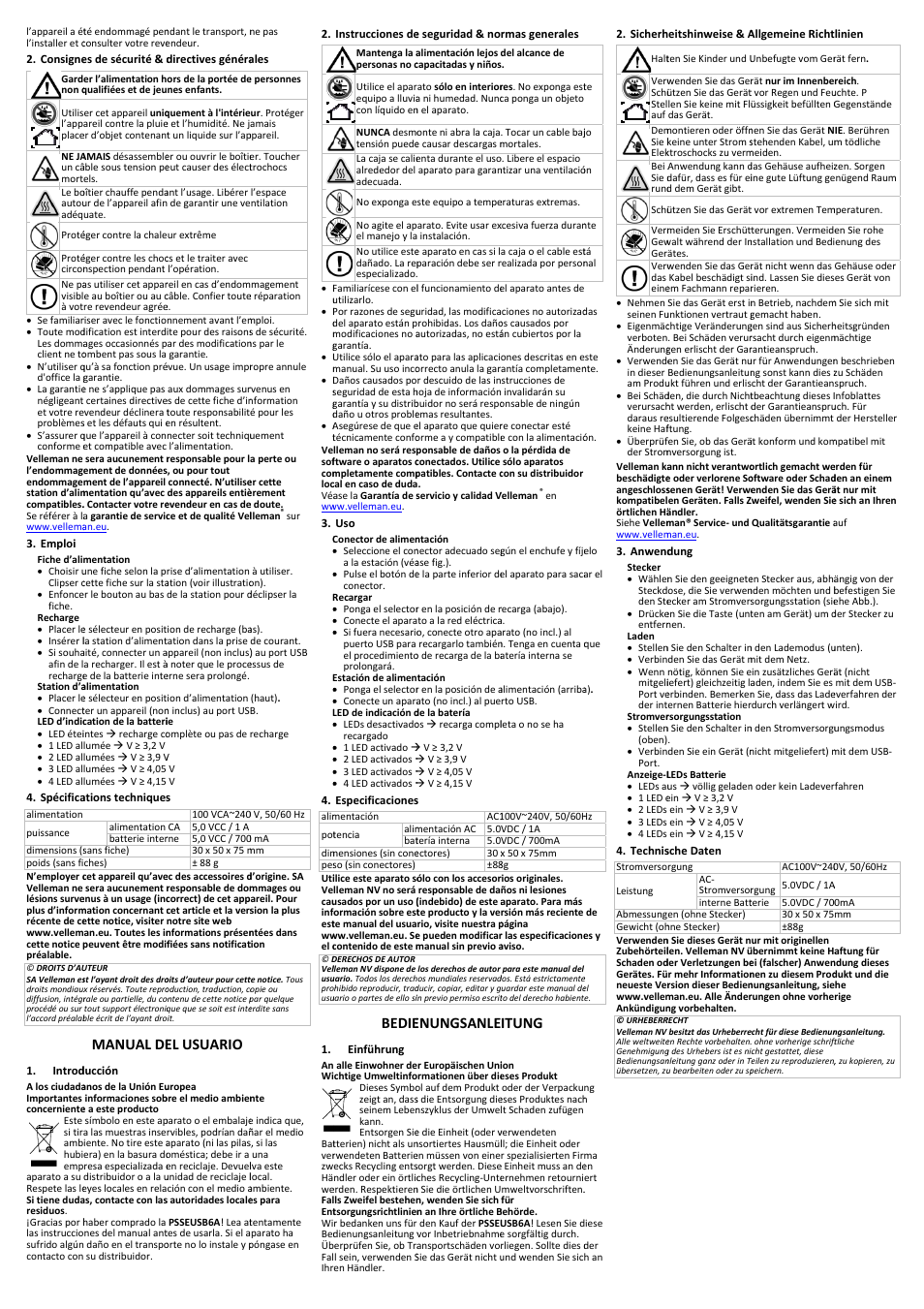 Manual de, El usuario, Bedie | Enungsanle, Itung | Velleman PSSEUSB6A User Manual | Page 2 / 2